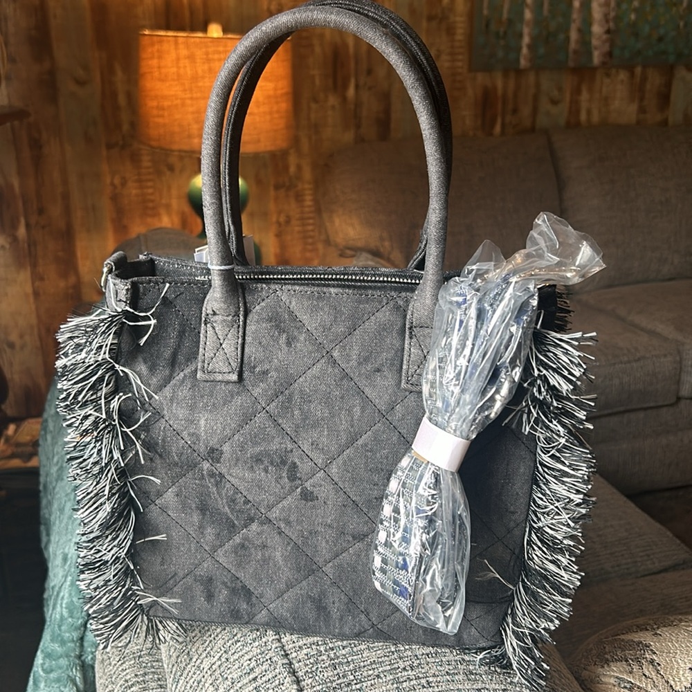 Quilted Fringe Washed Denim Satchel/ Crossbody Bag by Colin Collection